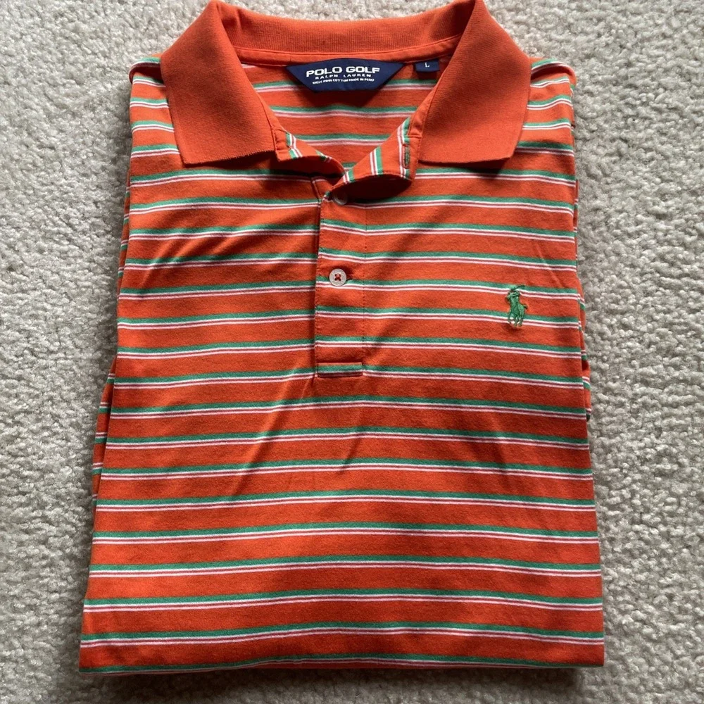 Ralph Lauren Polo Golf Polo Mens Large Orange Green Striped Pima Cotton Preowned
